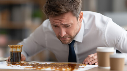 Oops Moment: A moment of relatable chaos unfolds as a man confronts a spilled coffee, his expression mirroring a blend of shock and frustration. Capture the everyday clumsiness.