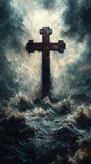 Fototapeta premium Dramatic Cross in Stormy Sea with Dark Clouds and Turbulent Waves