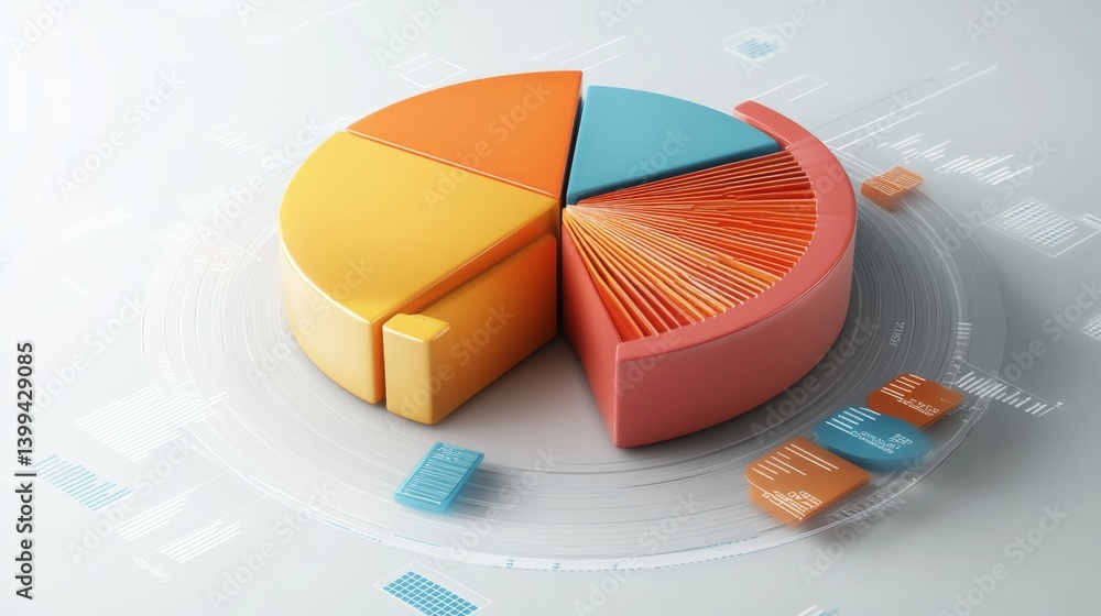 Poster interactive d pie chart with floating labels and percentages, digital interface elements surrounding