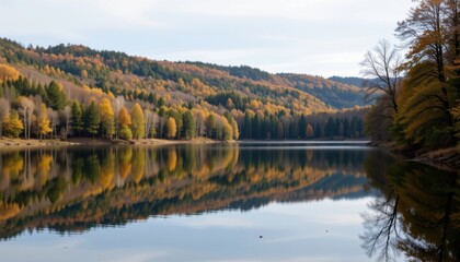 Obraz premium A tranquil lake reflects the surrounding forest. The water is still and serene, capturing the subtle colors of the sky and trees in its mirror like surface