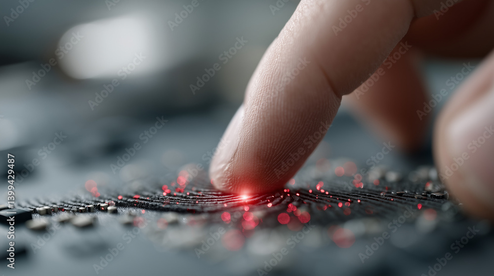 Poster tech touch: an up-close shot of a finger interacting with glowing circuits on a circuit board, symbo