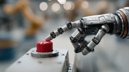 Robotic Hand Activates Red Button: An intricately designed robotic hand, its metallic form gleaming, confidently presses a prominent red button, symbolizing innovation and technological advancement.