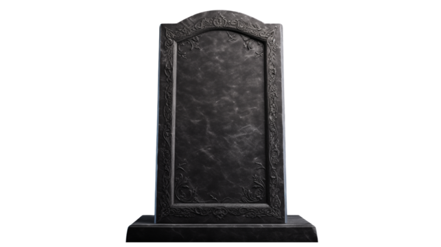 A dark gray tombstone with floral carvings on a transparent background