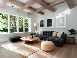 Cozy and inviting farmhouse style living room with a plush plaid sofa reclaimed wood ceiling beams and a sun drenched picturesque countryside backdrop