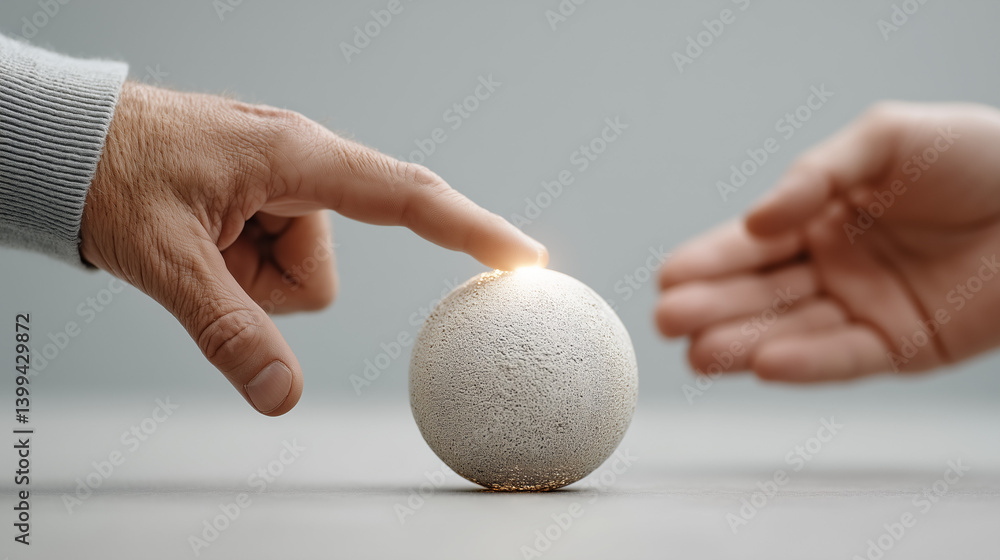 Poster illuminating the core: a symbolic image featuring two hands interacting with a glowing sphere, repre