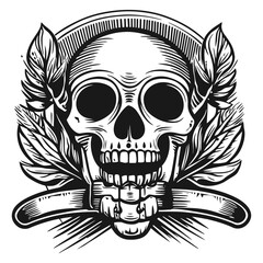 Fototapeta premium Skull Illustration with Leaves and Crossed Tools in Vintage Style