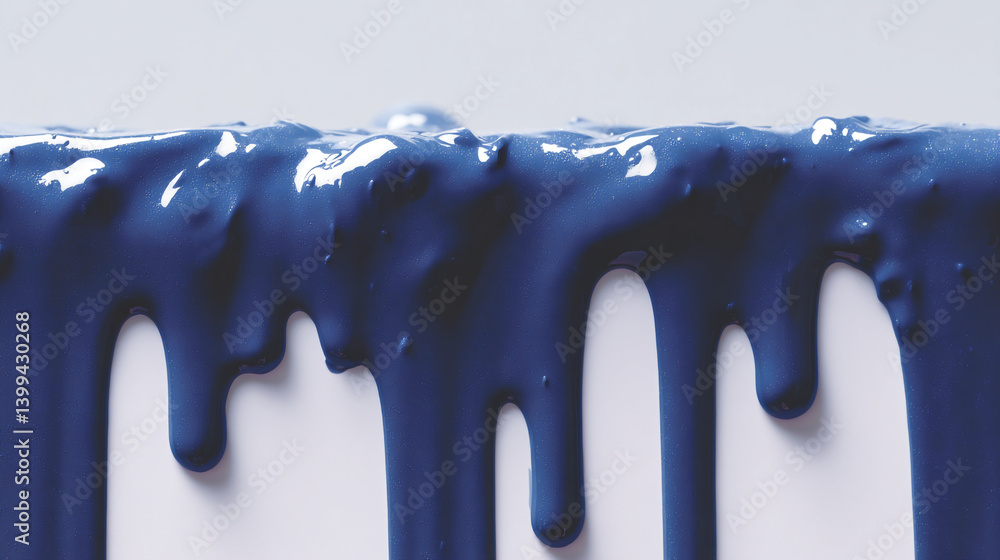 Aufkleber close up of thick blue paint dripping down a white surface creating abstract patterns and textures