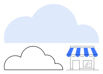 Storefront with blue-striped awning beside abstract cloud shapes symbolizing cloud computing, data storage, online business. Ideal for technology, small business, connectivity, scalability, digital