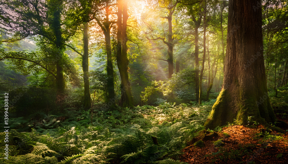 Poster serene forest scene with sunlight filtering through trees