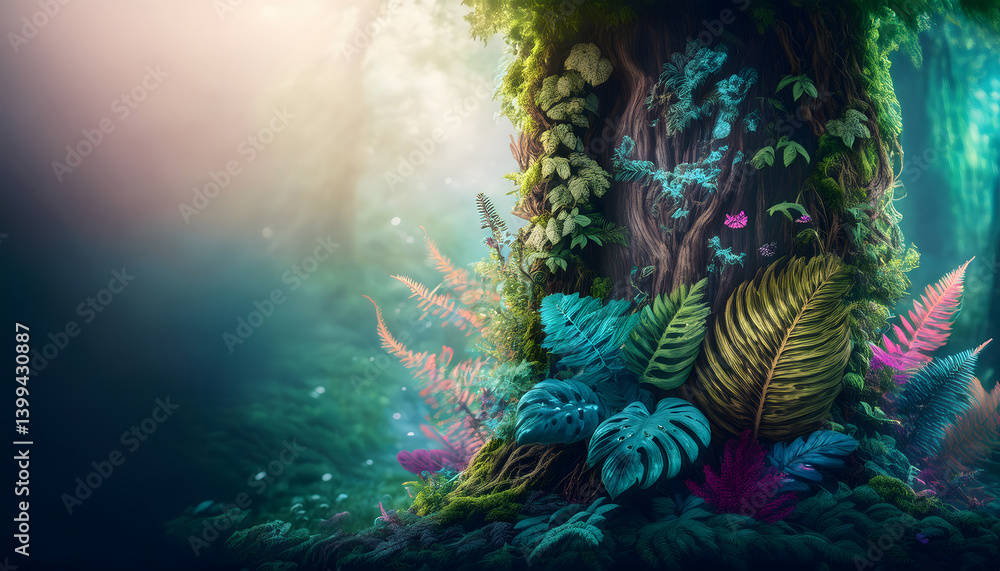 Poster vibrant foliage surrounds a textured tree trunk in a mystical forest setting