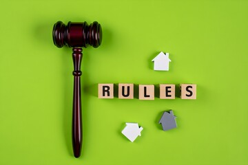 A conceptual still life photograph depicting legal and property themes, featuring a dark wooden judge's gavel positioned on the left side of a lime green background. 