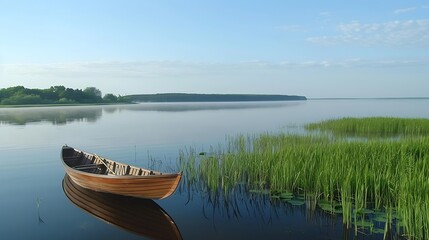 Obraz premium A serene wooden rowboat rests peacefully on a tranquil lake at dawn.