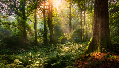Obraz premium Serene forest scene with sunlight filtering through trees