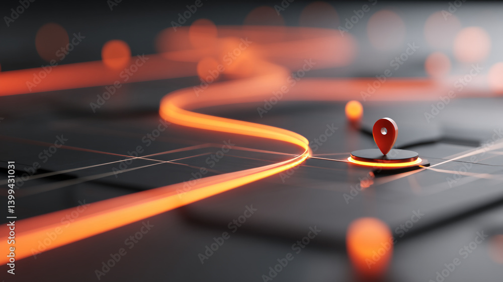 Aufkleber abstract glowing lines and a red location pin on a dark surface indicating a destination point