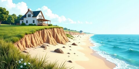 Fototapeta premium Coastal House on a Sandy Beach with Eroding Cliffs and Ocean Waves