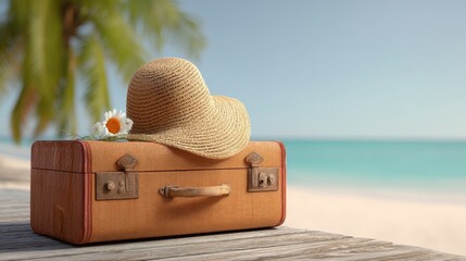 A straw hat on a suitcase by a sunny beach, highlighting a perfect summer vacation setting.