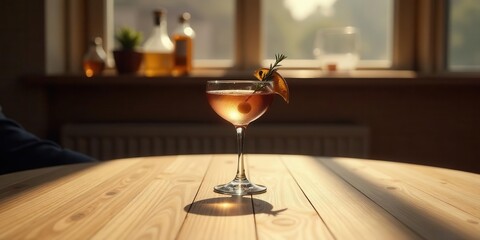 A sunlit amber cocktail garnished with citrus and herb rests on a polished wooden table near a window