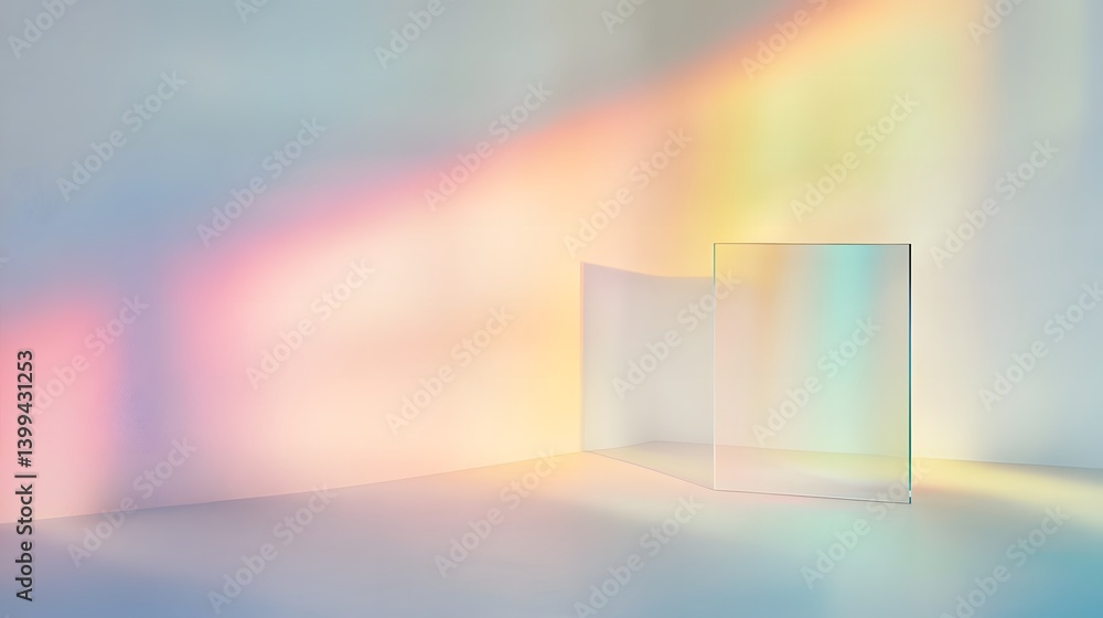 Poster two transparent glass panels with light refraction creating a spectrum of colors on a plain backgrou
