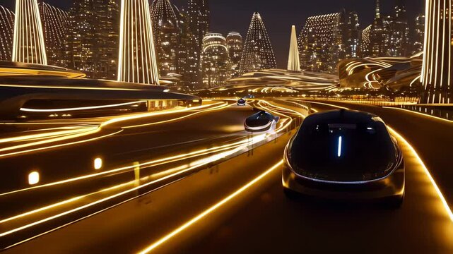 ight city glows with neon highways, futuristic transport merges pods and electric rails, futuristic transport modernizes commute, futuristic transport shapes tomorrow. Concept high-tech mobility