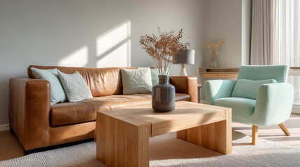 Obraz premium A living room featuring a brown leather sofa, a wooden table, and a light blue armchair near a window