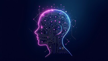 "Abstract human head silhouette filled with circuitry and code symbols, representing artificial intelligence, digital minds, and future of tech."

