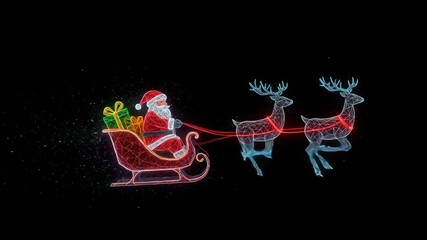 AI Generated Animation Abstract Polygonal Neon Style  Santa Claus Sleigh With Reindeer