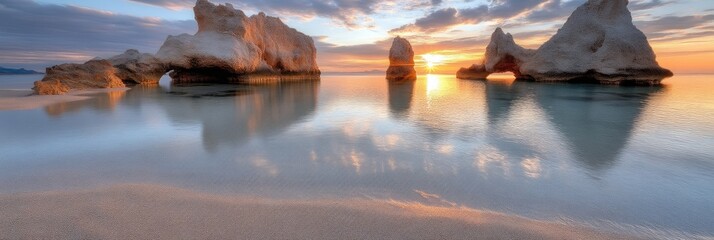 Sunrise over tranquil coastal rocks