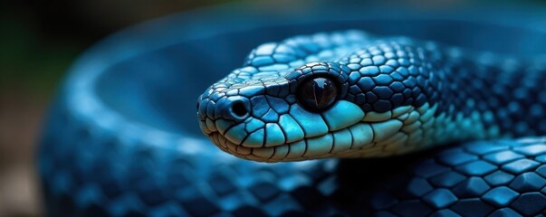 Fototapeta premium Close-up of blue viper snake's head with pointed snout and sharp teeth, snake head, snake behavior, eyes