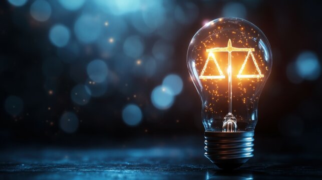 Concept of Justice and Innovation: A glowing scales of justice inside a lightbulb on a dark background
