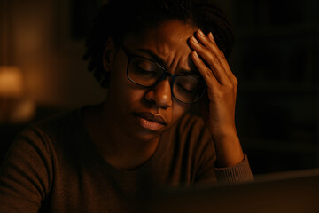 Tired woman with glasses, overwhelmed and stressed, looking at computer screen