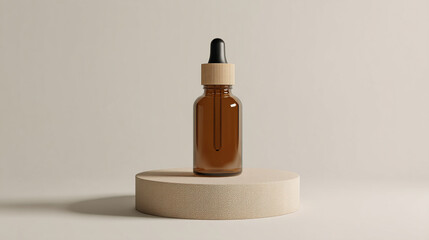 A brown glass dropper bottle with a wooden cap on a beige round platform against a beige background