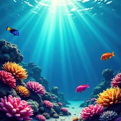 Colorful fish swimming near coral reef with waves, blue, marine life