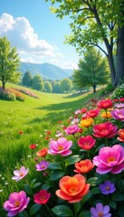 Obraz premium Colorful flowers blooming in spring landscape , Flowers, Garden