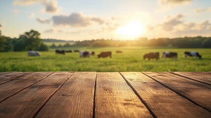 Empty Wooden Table with Farm Cows in Pasture at Sunset Background
