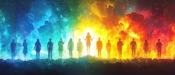 Colorful Silhouettes of People Against a Vibrant Cosmic Background