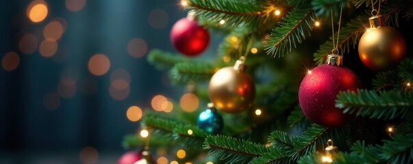 Dense evergreen tree with sparkling lights and colorful ornaments hung in a seemingly random arrangement, seasonal, festive lights, shiny lights