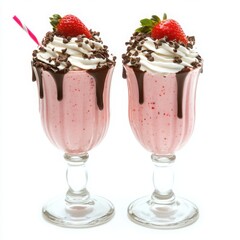 Isolated arrangement: two milkshakes, strawberry and chocolate flavors, topped.