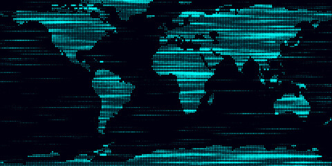 Blue map matrix pattern on the dark background in a shape of continents. Big data visualization. Digital modern texture backdrop. Vector illustration.