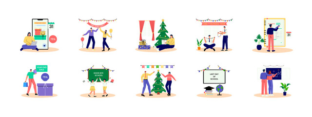 Year End set illustration. Flat vector illustration concept.