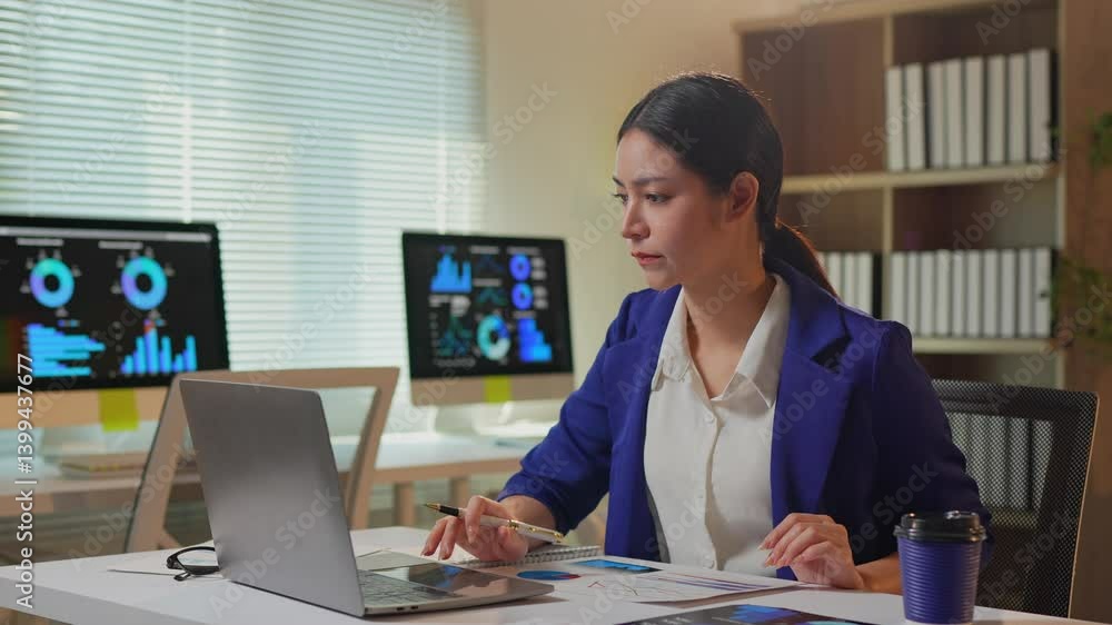 Poster young businesswoman analyzing financial data on laptop and taking notes while sitting at desk in mod