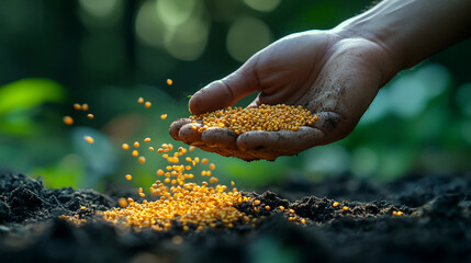 Hand scattering mustard seeds on fertile soil.