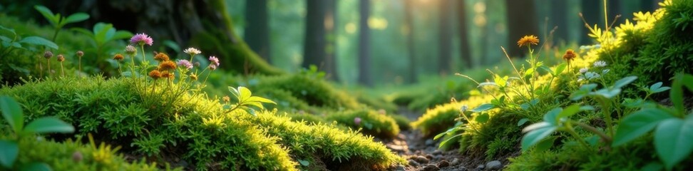 Mossy forest floor with ferns and wildflowers, earthy tones, forest atmosphere, muted green background