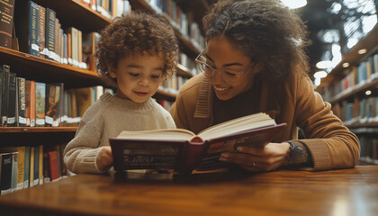 Young mixed-race mother and toddler son sharing a book together in a library setting