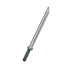 A cartoon drawing of a sword with a black handle and a silver blade