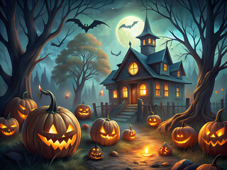 Halloween dark illustration. Haunted house under full moon. Halloween scene with glowing pumpkins and graveyard atmosphere.