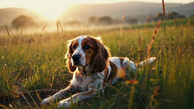 Cute brown and white spaniel resting in a grassy field at golden hour with rolling hills and trees in the soft, hazy background.