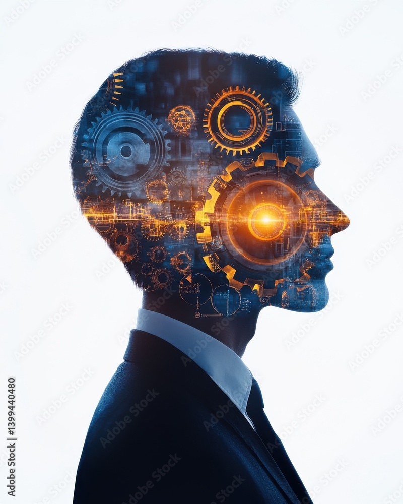 Poster effective delegation for maximizing team productivity. profile of a businessman with glowing digital