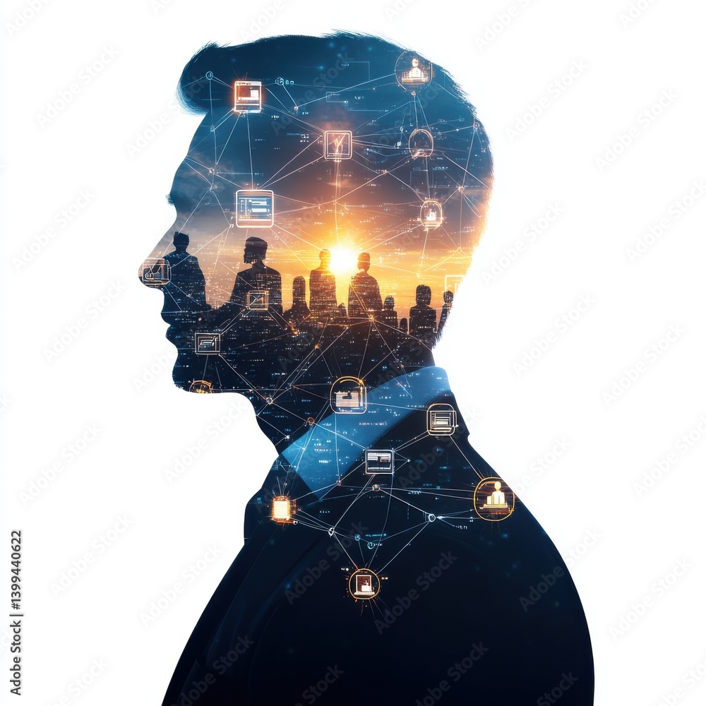 Poster effective delegation for maximizing team productivity. silhouette of businessman with cityscape and 
