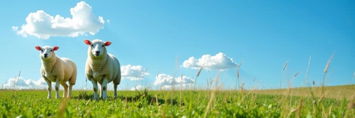 Obraz premium Sheep standing in a pasture under clear blue sky and fluffy white clouds, natural scenery, animal farm