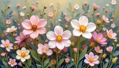 Fototapeta premium Delicate Pink and White Dahlias Blooming in a Summer Meadow Peaceful floral scene